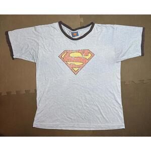 Superman Logo T-Shirt – Heather Blue DC Comics Tee Men’s Medium Distressed Style